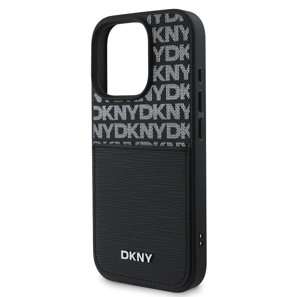 iPhone 16 Pro Kılıf DKNY Orjinal Lisanslı Kartlıklı 3D Yazılı Repeat Texture Pattern Kılıf Siyah