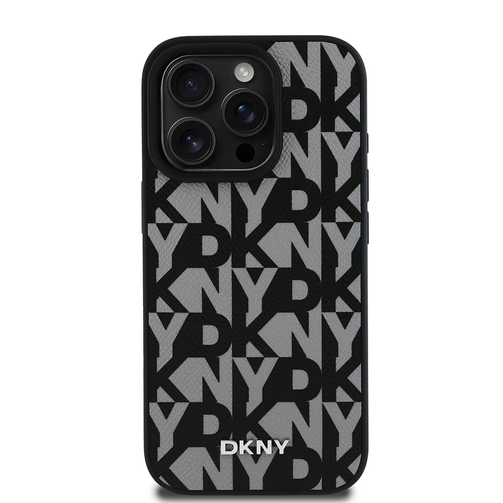 Apple iPhone 16 Pro Kılıf DKNY Orjinal Lisanslı M-safe Şarj Özellikli 3D Yazılı Grid Pattern Kapak Gri