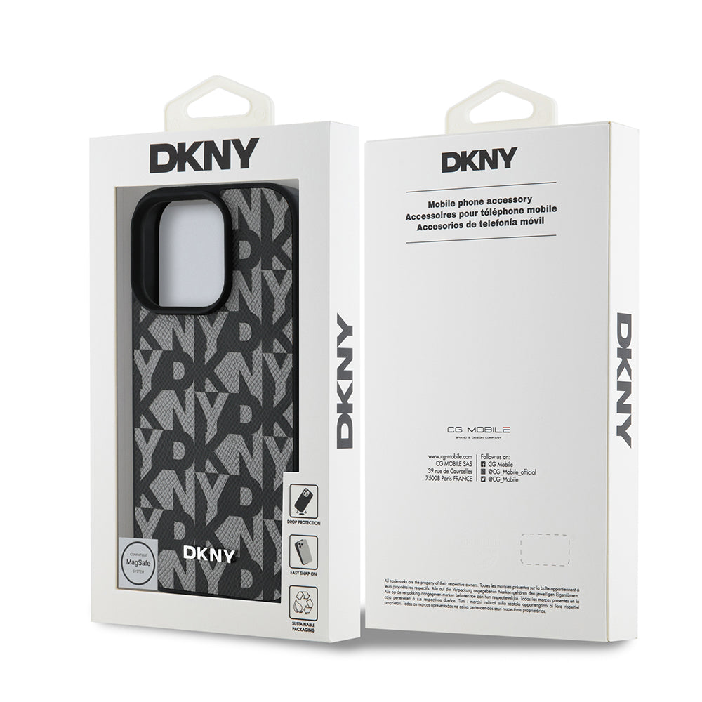 Apple iPhone 16 Pro Kılıf DKNY Orjinal Lisanslı M-safe Şarj Özellikli 3D Yazılı Grid Pattern Kapak Kahverengi