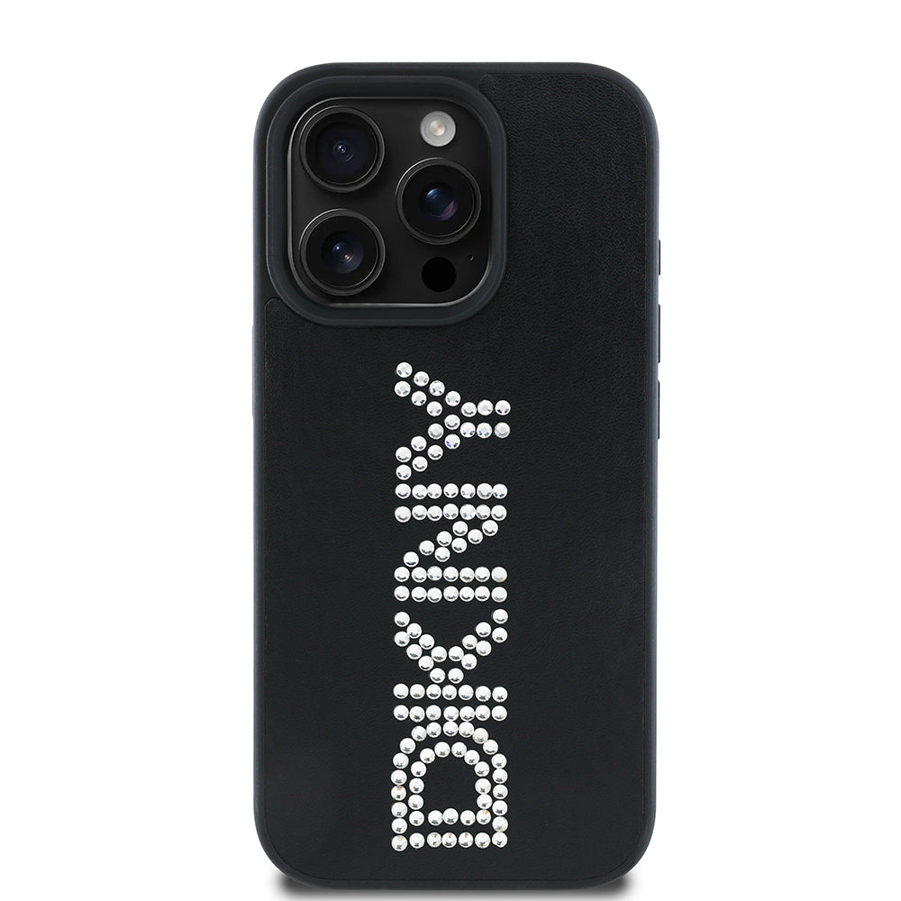 Apple iPhone 16 Pro Kılıf DKNY Orjinal Lisanslı Taşlı DKNY Yazılı Metalik Rhinestones PU Deri Kapak Kahverengi