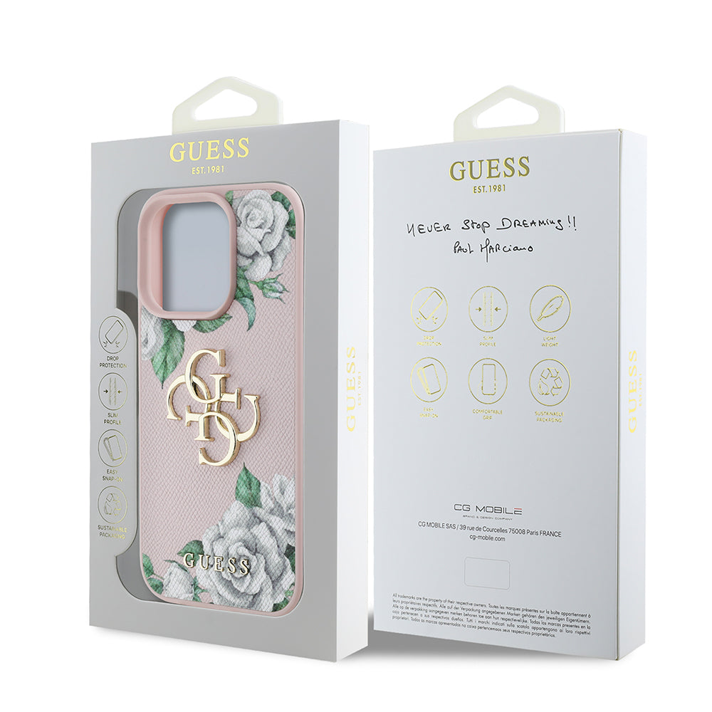 Apple iPhone 16 Pro Kılıf Guess Orjinal Lisanslı Gül Baskılı Büyük Metal Logo Dizaynlı Kapak Pembe