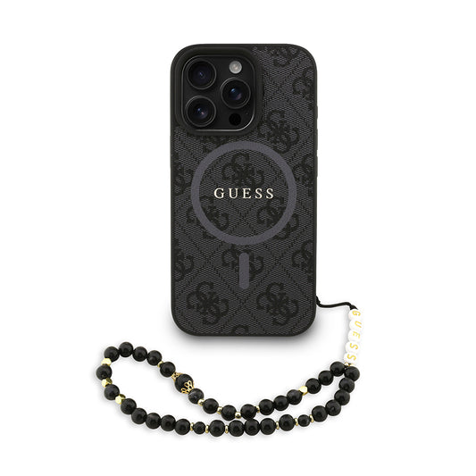 Apple iPhone 16 Pro Kılıf Guess Orjinal Lisanslı M-safe Şarj Özellikli PU Deri Bilek Askı İpli Yazı Logolu Kapak