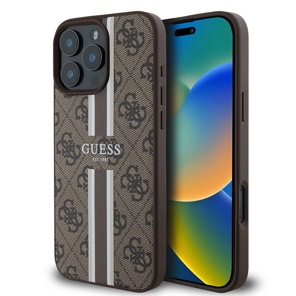 Apple iPhone 16 Pro Kılıf Guess Orjinal Lisanslı M-safe Şarj Özellikli 4G Şerit Tasarımlı Printed Kapak