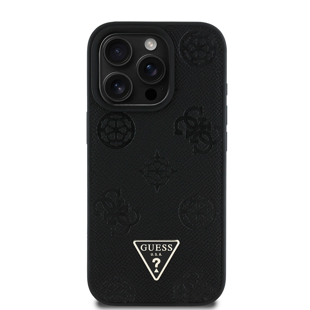 Apple iPhone 16 Pro Kılıf Guess Orjinal Lisanslı M-safe Şarj Özellikli Sıcak Baskılı Üçgen Logolu PU Deri Peony Kapak Pembe