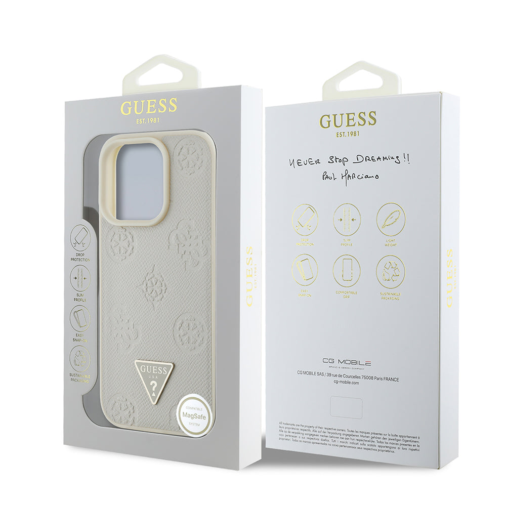 Apple iPhone 16 Pro Kılıf Guess Orjinal Lisanslı M-safe Şarj Özellikli Sıcak Baskılı Üçgen Logolu PU Deri Peony Kapak Bej