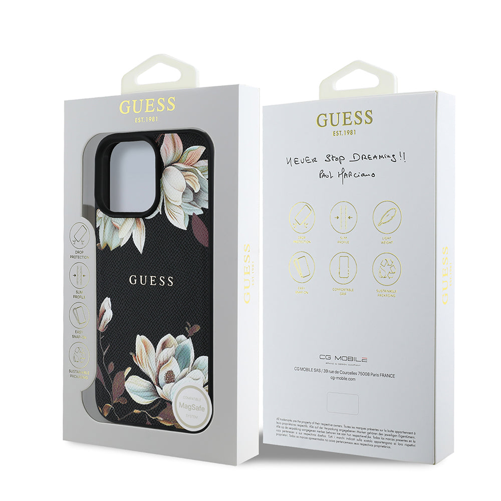 Apple iPhone 16 Pro Kılıf Guess Orjinal Lisanslı M-safe Şarj Özellikli Taneli Çiçek Tasarımlı Metal Yazı Logolu Kapak Siyah