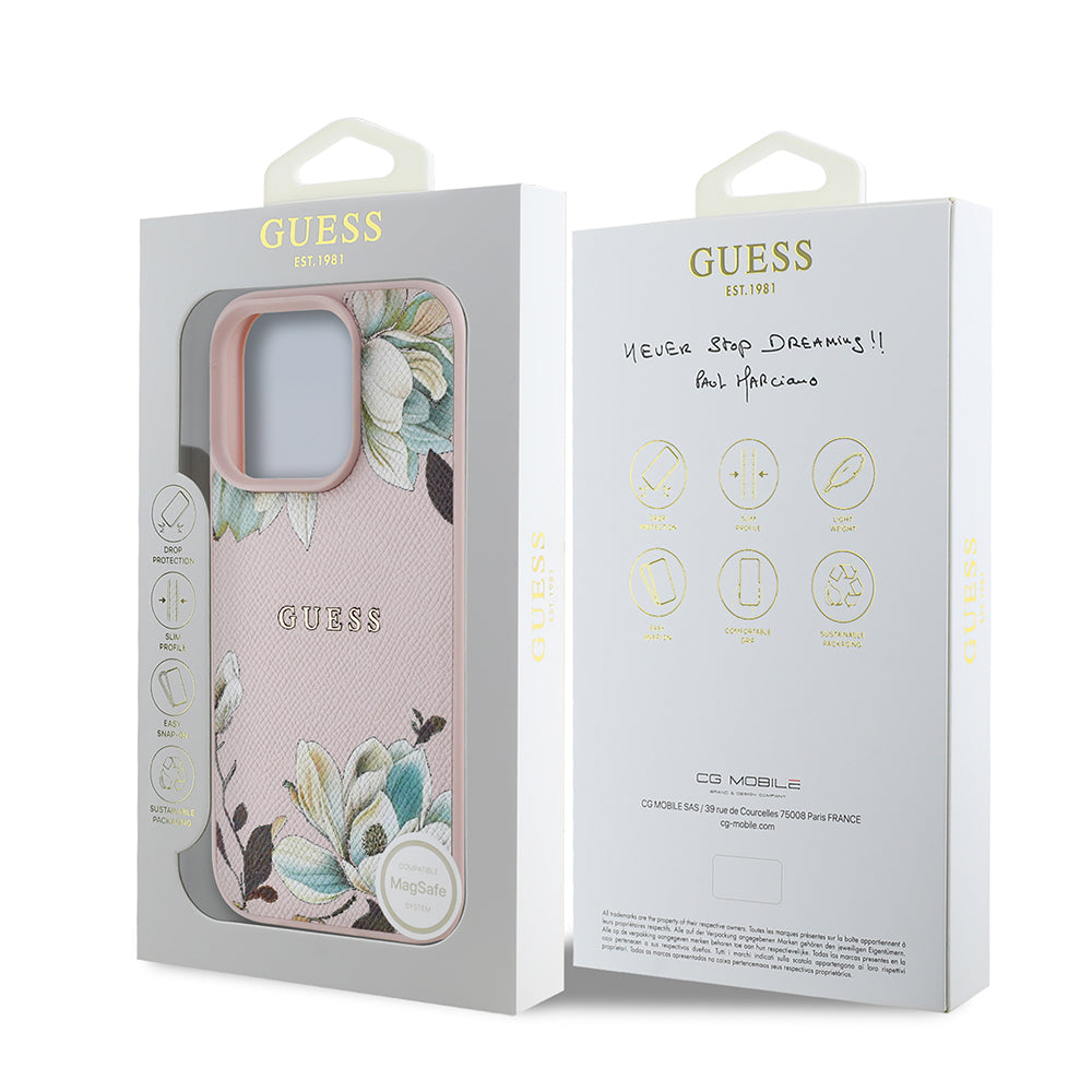 Apple iPhone 16 Pro Kılıf Guess Orjinal Lisanslı M-safe Şarj Özellikli Taneli Çiçek Tasarımlı Metal Yazı Logolu Kapak Pembe