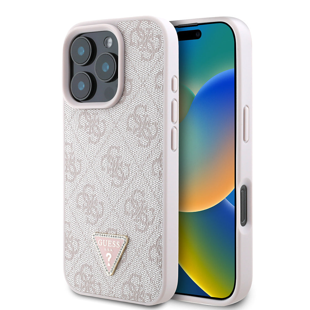 Apple iPhone 16 Pro Kılıf Guess Orjinal Lisanslı PU Deri Taşlı Üçgen Logo 4G Desenli Strass Kapak Kahverengi