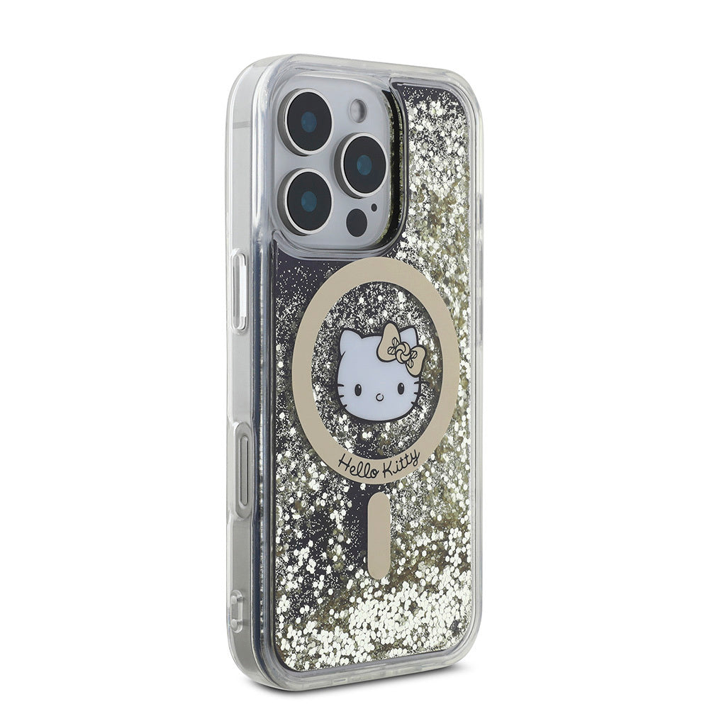 iPhone 16 Pro Kılıf Hello Kitty Orjinal Lisanslı Magsafe Şarj Özellikli IML Baskı Kitty Head Logolu Sıvılı Simli Altın Ateşi Kılıf Siyah