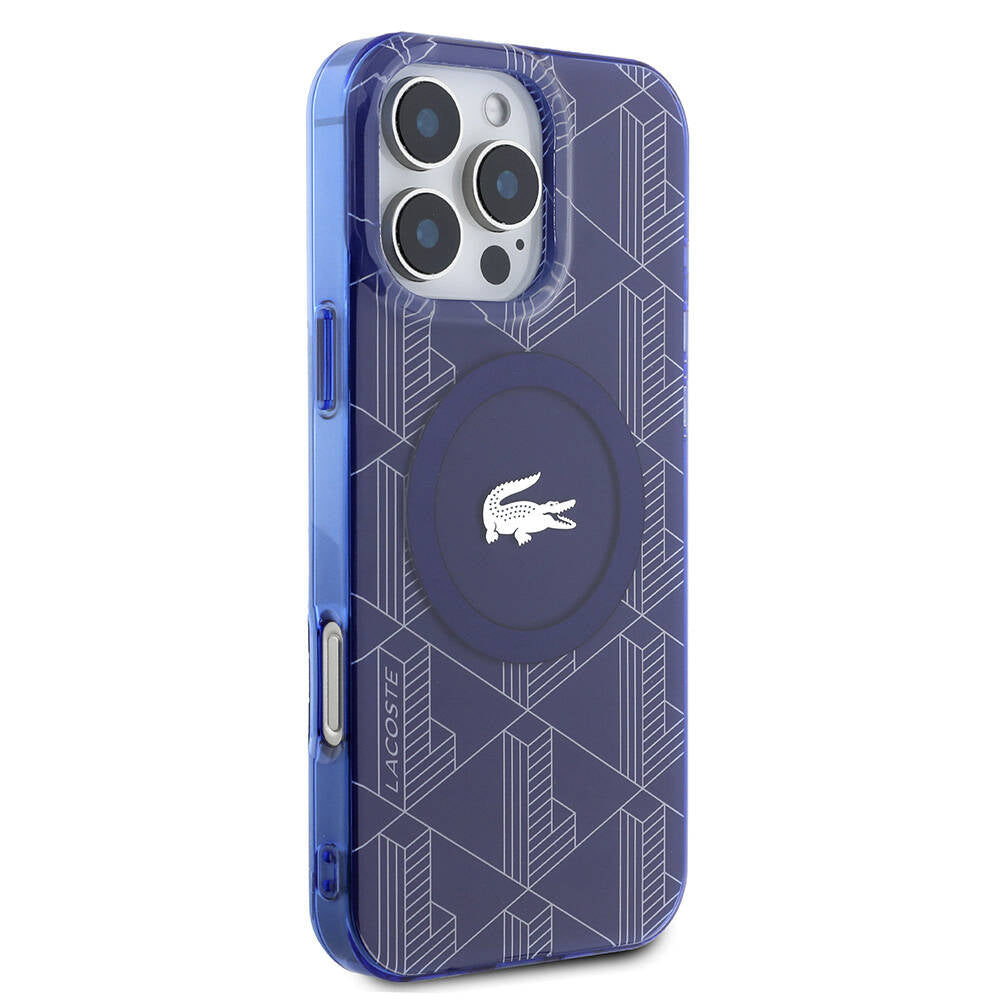 iPhone 16 Pro Kılıf Lacoste Orjinal Lisanslı Magsafe Şarj Özellikli IML Baskılı Gümüş Timsah Logolu Monogram Kılıf Lacivert