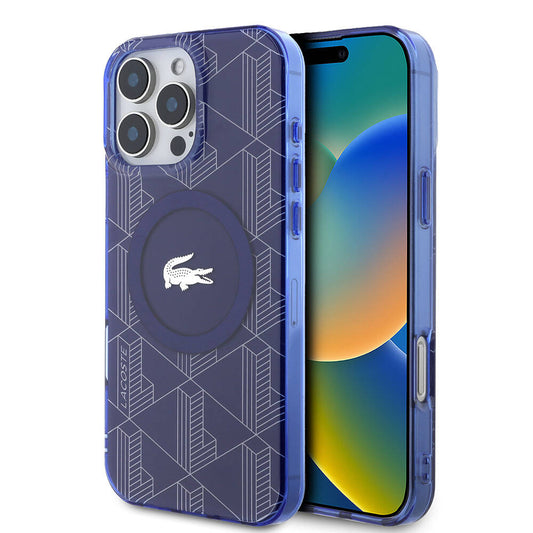 iPhone 16 Pro Kılıf Lacoste Orjinal Lisanslı Magsafe Şarj Özellikli IML Baskılı Gümüş Timsah Logolu Monogram Kılıf Lacivert