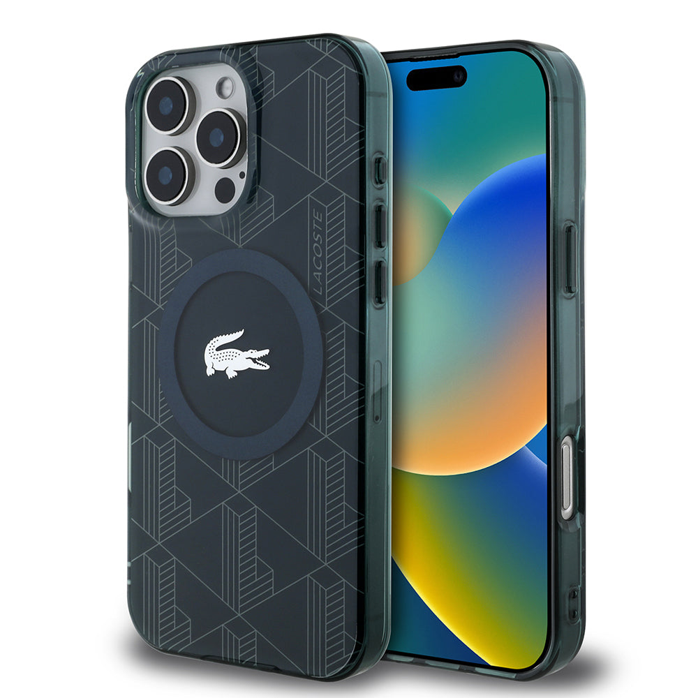 iPhone 16 Pro Kılıf Lacoste Orjinal Lisanslı Magsafe Şarj Özellikli IML Baskılı Gümüş Timsah Logolu Monogram Kılıf Yeşil