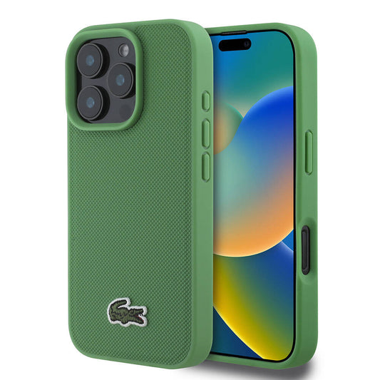 iPhone 16 Pro Kılıf Lacoste Orjinal Lisanslı PU Pike Desenli Arka Yüzey İkonik Timsah Dokuma Logolu Kılıf Yeşil