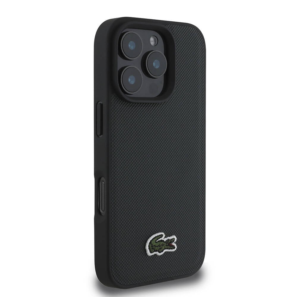 iPhone 16 Pro Kılıf Lacoste Orjinal Lisanslı PU Pike Desenli Arka Yüzey İkonik Timsah Dokuma Logolu Kılıf Siyah