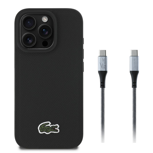 Apple iPhone 16 Pro Kılıf Lacoste Orjinal Lisanslı PU Pike Desenli Arka Yüzey İkonik Timsah Dokuma Logolu Kapak + Type-C Kablo 1.5m Siyah