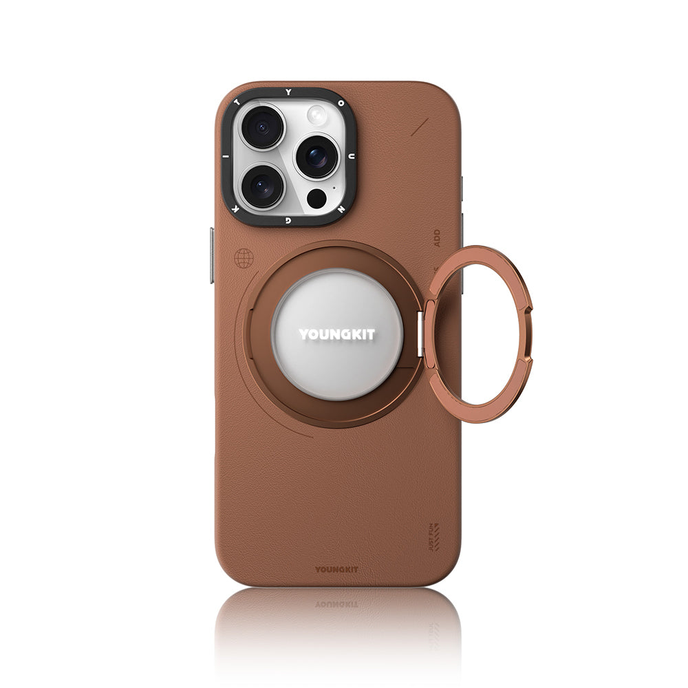 iPhone 16 Pro Kılıf Magsafe Şarj Özellikli 360° Standlı Basit Mat Deri Desenli Youngkit Tech Leather Serisi Kılıf Kahverengi