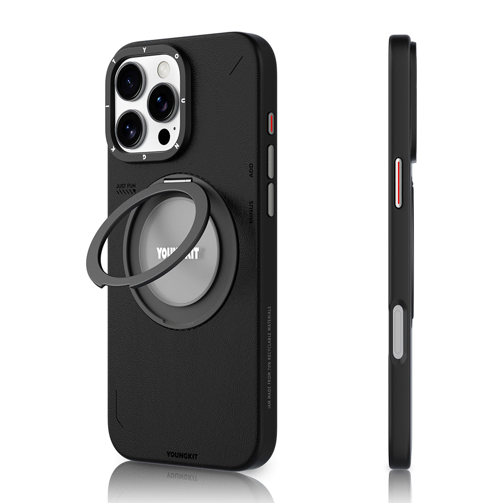 iPhone 16 Pro Kılıf Magsafe Şarj Özellikli 360° Standlı Basit Mat Deri Desenli Youngkit Tech Leather Serisi Kılıf Siyah