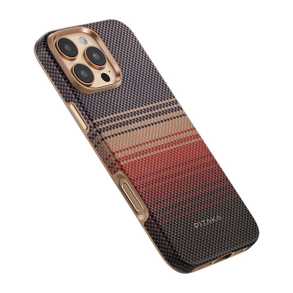 iPhone 16 Pro Kılıf Magsafe Şarj Özellikli Aramid Fiber Pitaka Military-Grade Sunset-Moonrise Serisi Sunset Kılıf Kahverengi