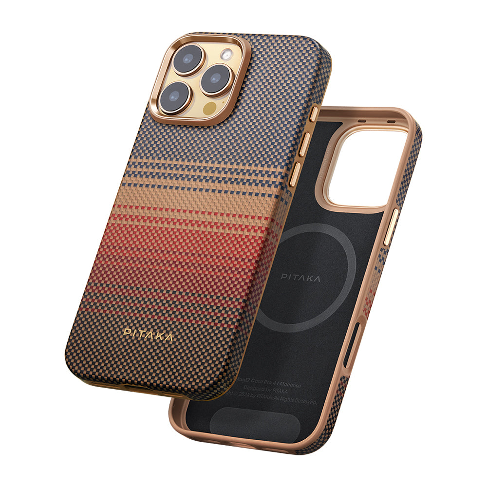 iPhone 16 Pro Kılıf Magsafe Şarj Özellikli Aramid Fiber Pitaka Military-Grade Sunset-Moonrise Serisi Sunset Kılıf Kahverengi