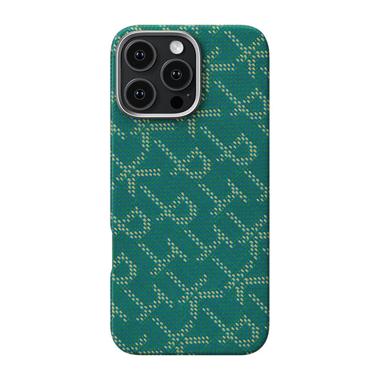 Apple iPhone 16 Pro Kılıf M-safe Şarj Özellikli Aramid Fiber Pitaka Tactile Woven Monogram Serisi Kapak Yeşil