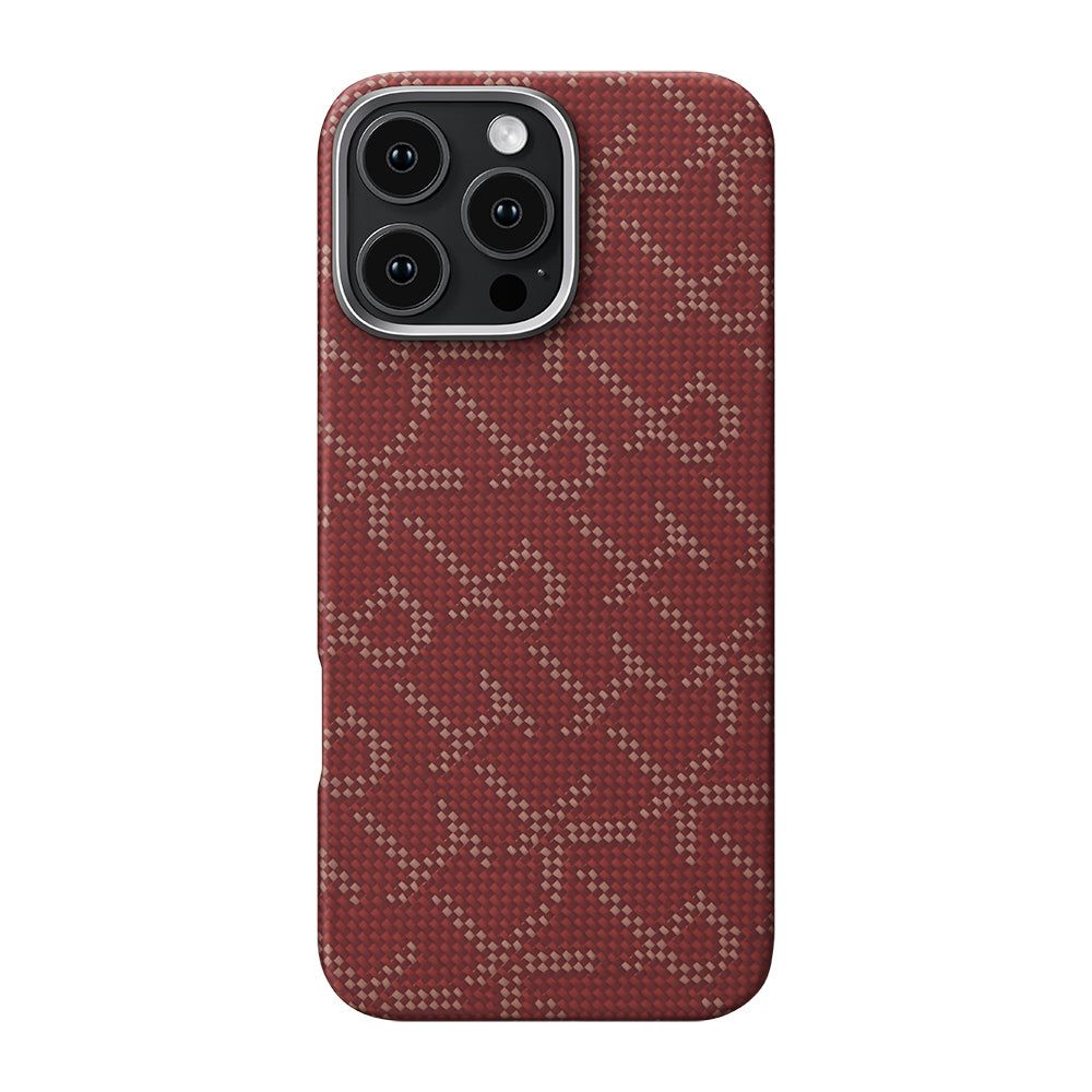 Apple iPhone 16 Pro Kılıf M-safe Şarj Özellikli Aramid Fiber Pitaka Tactile Woven Monogram Serisi Kapak Kırmızı