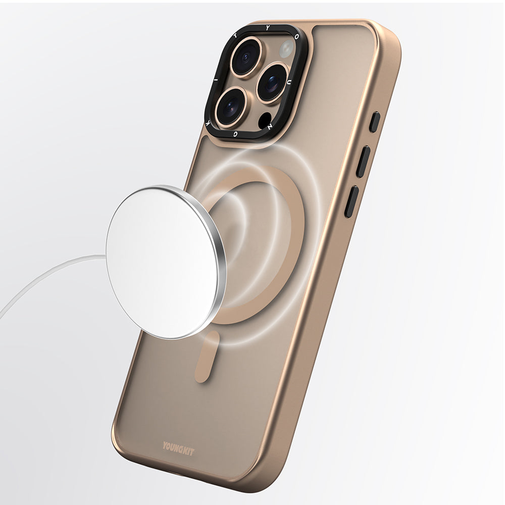 Apple iPhone 16 Pro Kılıf M-safe Şarj Özellikli Cam Arka Yüzey TPU Youngkit Gemstone Serisi Kapak Gold