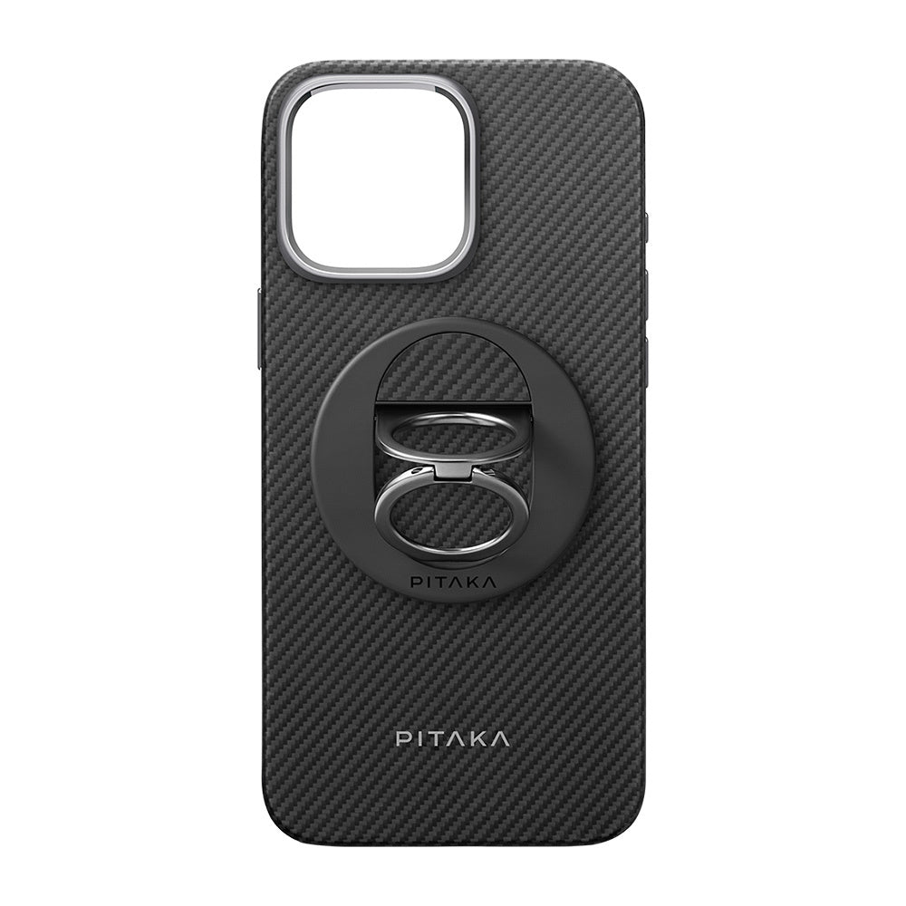 iPhone 16 Pro Kılıf Magsafe Şarj Özellikli Grip 3 Standlı Aramid Fiber Pitaka Military Grade Classic Serisi Black-Grey Twill Kılıf Siyah-Gri