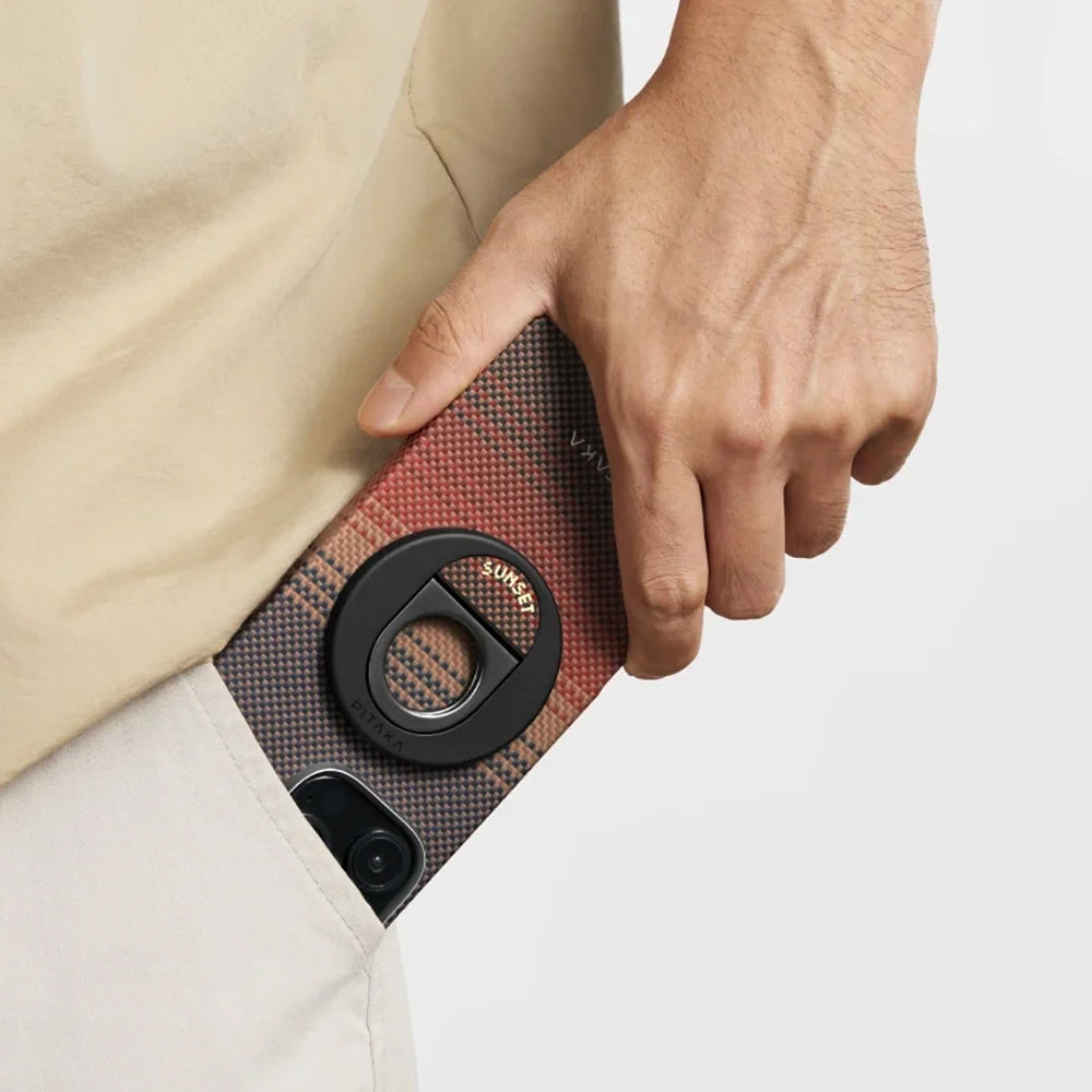 iPhone 16 Pro Kılıf Magsafe Şarj Özellikli Grip 3 Standlı Aramid Fiber Pitaka Tactile Woven Sunset-Moonrise Serisi Sunset Kılıf Kahverengi