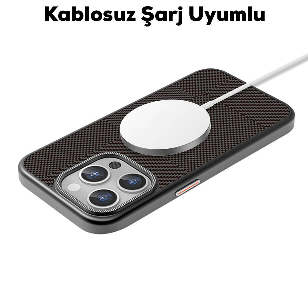 iPhone 16 Pro Kılıf Magsafe Şarj Özellikli Karbon Fiber Desenli Mutural Montage Kılıf Kahverengi