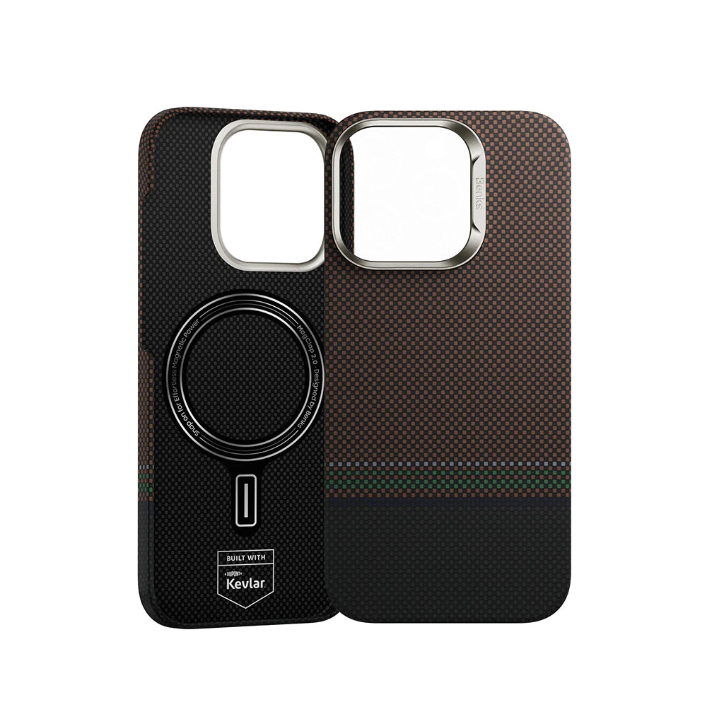 Apple iPhone 16 Pro Kılıf M-safe Şarj Özellikli Karbon Fiber Tasarımlı Benks Prestige ArmorAir Kevlar Kapak Gold