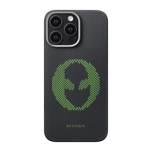 Apple iPhone 16 Pro Kılıf M-safe Şarj Özellikli Lumintex Teknolojili Fosforlu Aramid Fiber Pitaka Tactile Woven Aries Serisi Alien Kapak