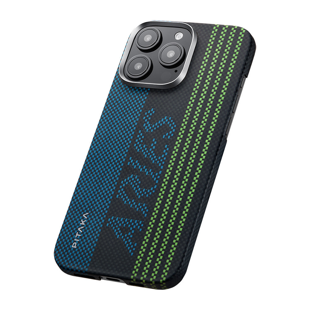 iPhone 16 Pro Kılıf Magsafe Şarj Özellikli Lumintex Teknolojili Fosforlu Aramid Fiber Pitaka Tactile Woven Aries Serisi Credit Card Kılıf Yeşil-Mavi