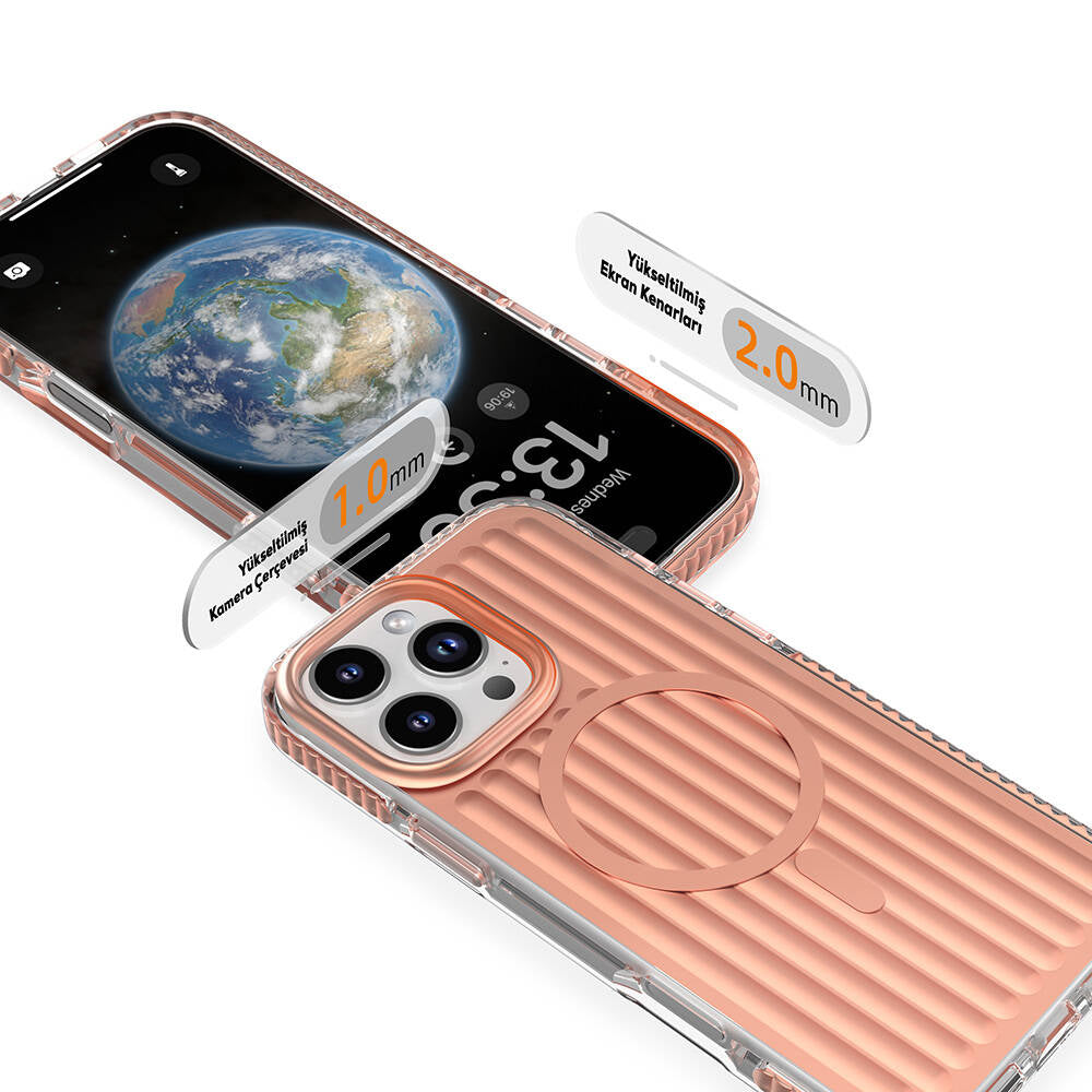 iPhone 16 Pro Kılıf Magsafe Şarj Özellikli Oyuklu Tasarım Mutural Bumpy Clear Kılıf Gümüş