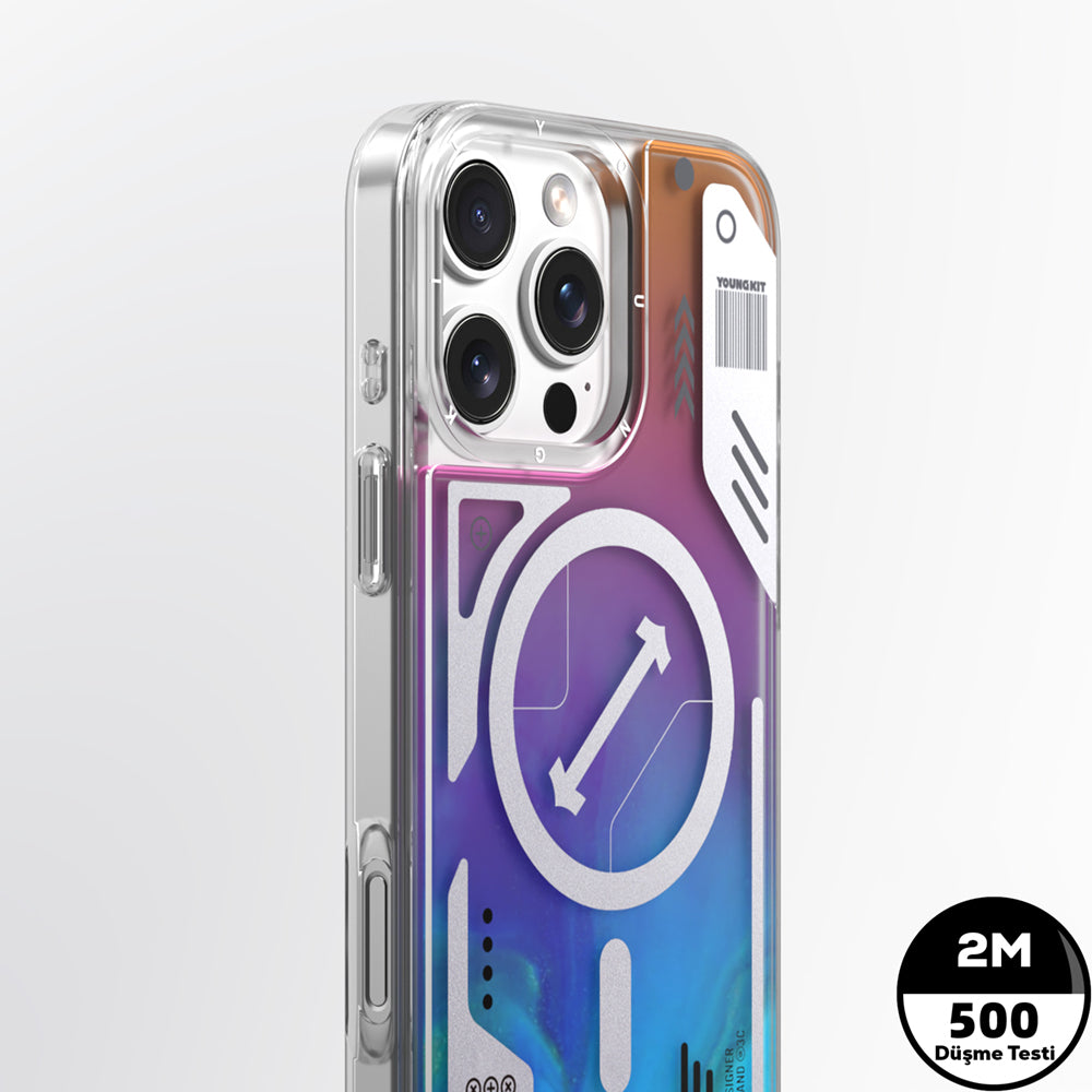 iPhone 16 Pro Kılıf Magsafe Şarj Özellikli Parlak Kumlu Sıvılı Tasarımlı Galaxy Fantasy Serisi Kılıf Turuncu