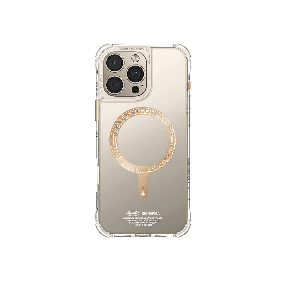 iPhone 16 Pro Kılıf Magsafe Şarj Özellikli Şeffaf Airbag Tasarımlı Skinarma Saido Prime Kılıf Gold