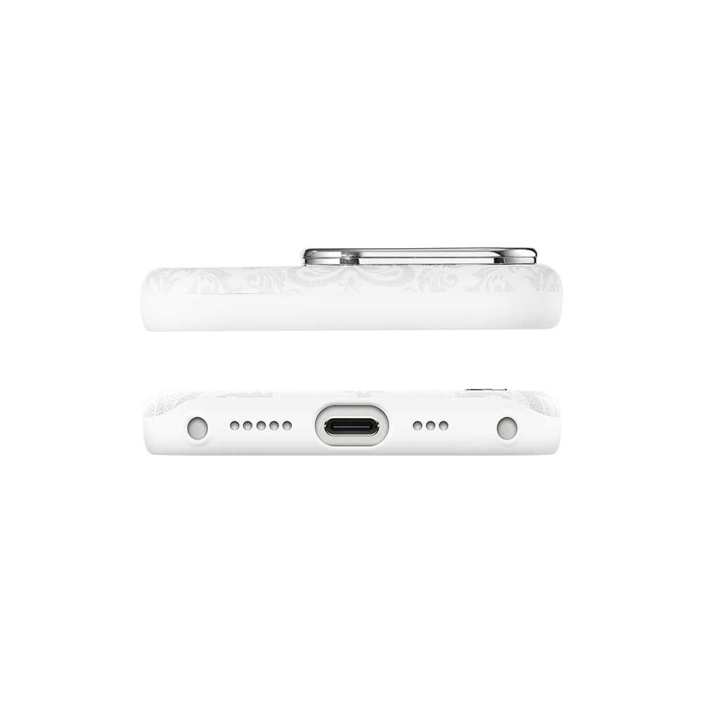 Apple iPhone 16 Pro Kılıf M-safe Şarj Özellikli Suni Deri Tasarımlı Desenli Pynana Print Serisi Kapak Beyaz