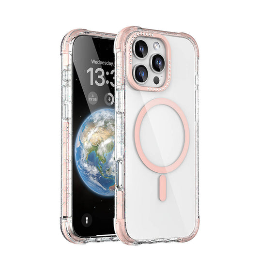 iPhone 16 Pro Kılıf Magsafe Şarj Özellikli Taşlı ve Simli Tasarım Mutural Blink Kılıf Pembe