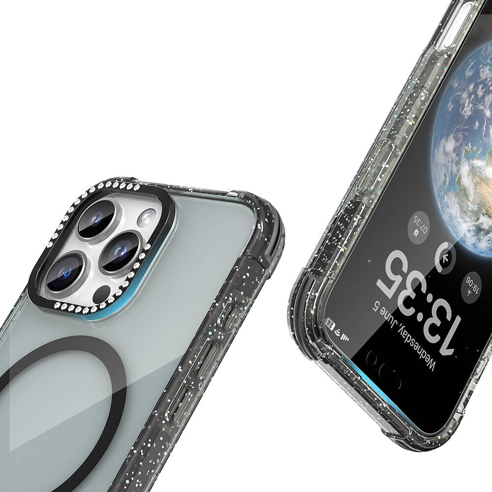 iPhone 16 Pro Kılıf Magsafe Şarj Özellikli Taşlı ve Simli Tasarım Mutural Blink Kılıf Turuncu