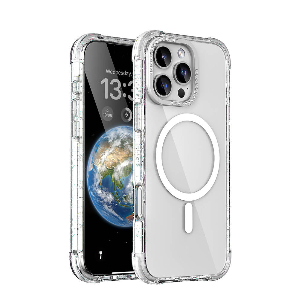 iPhone 16 Pro Kılıf Magsafe Şarj Özellikli Taşlı ve Simli Tasarım Mutural Blink Kılıf Şeffaf