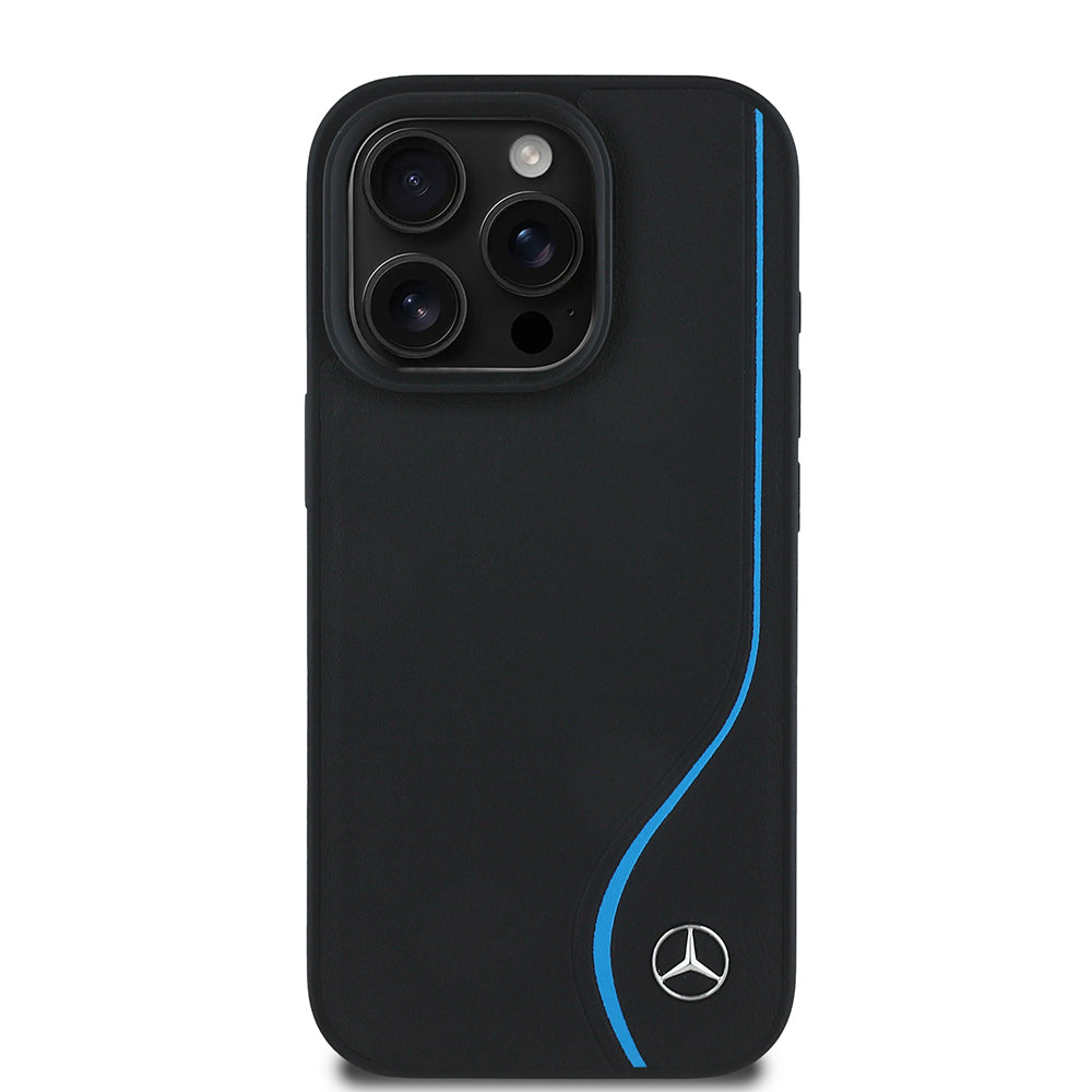 Apple iPhone 16 Pro Kılıf Mercedes Benz Orjinal Lisanslı M-safe Şarj Özellikli 3D Metal Logolu Mavi Dikey Eğri Çizgili Deri Kapak Siyah