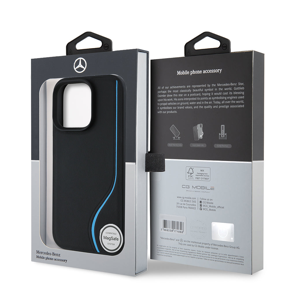 Apple iPhone 16 Pro Kılıf Mercedes Benz Orjinal Lisanslı M-safe Şarj Özellikli 3D Metal Logolu Mavi Dikey Eğri Çizgili Deri Kapak Siyah