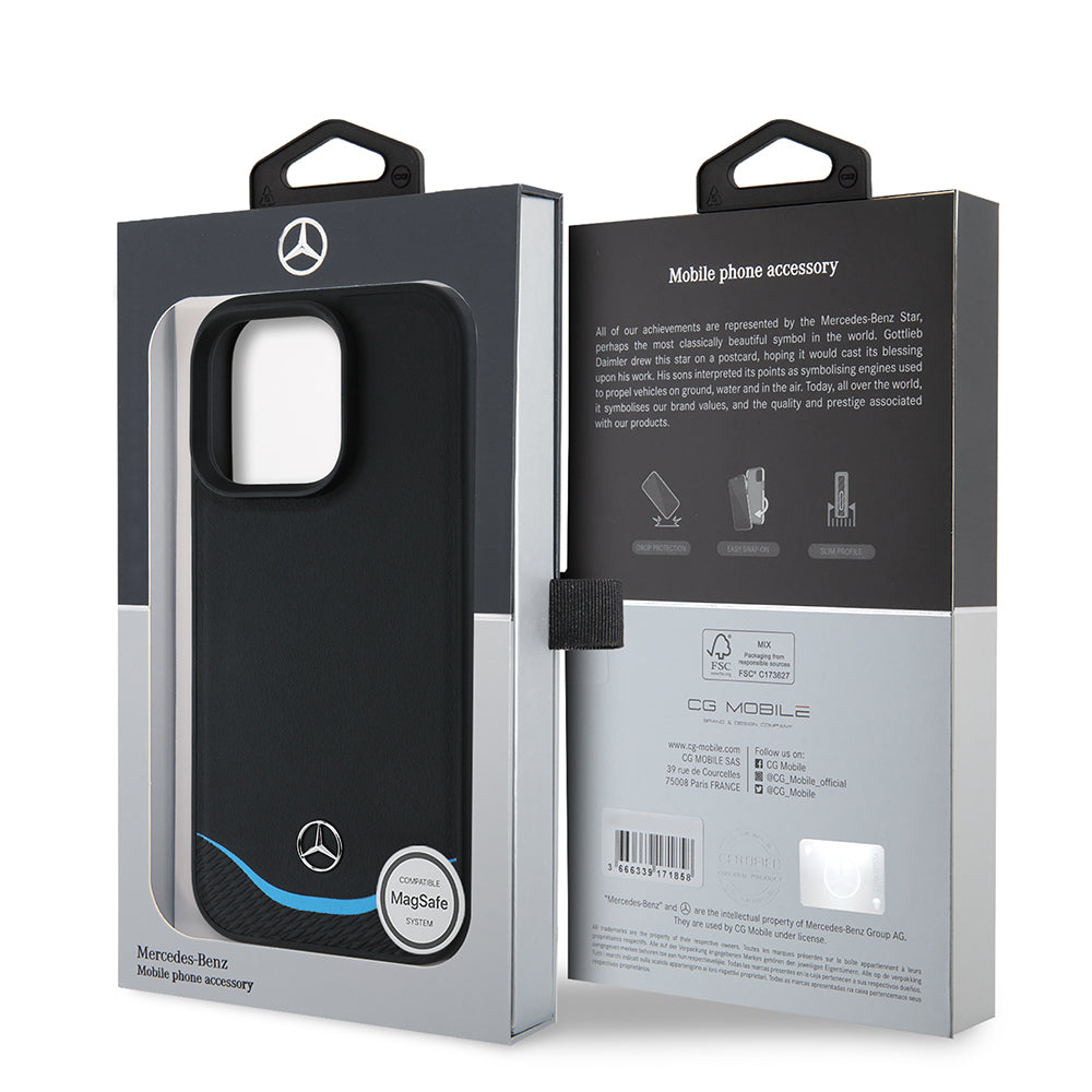 Apple iPhone 16 Pro Kılıf Mercedes Benz Orjinal Lisanslı M-safe Şarj Özellikli 3D Metal Logolu Mavi Yatay Eğri Çizgili Deri Kapak Siyah