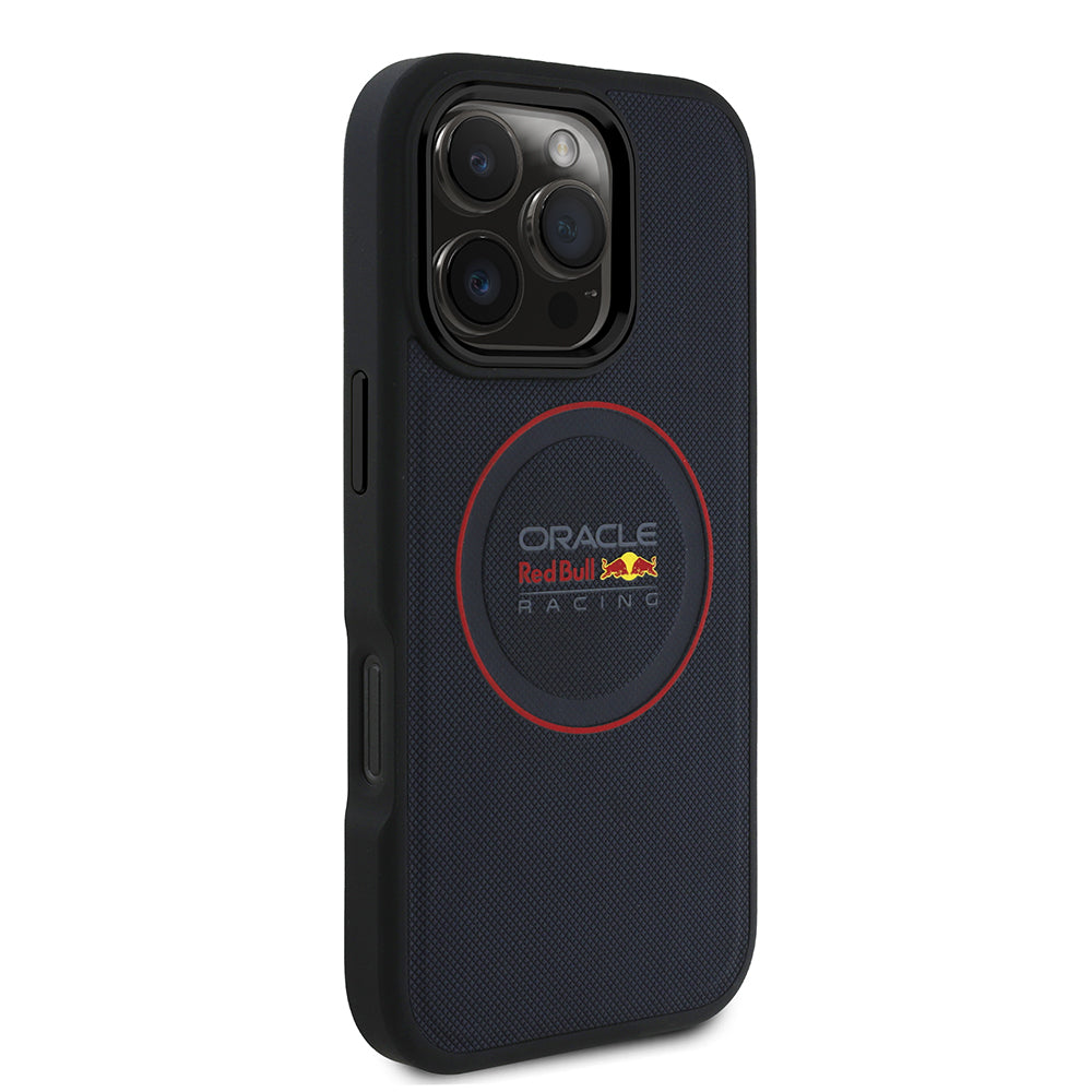Apple iPhone 16 Pro Kılıf Redbull Orjinal Lisanslı M-safe Şarj Özellikli Kırmızı Halka ve Logo Kabartmalı PU Deri Kapak Lacivert