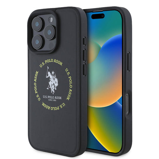 iPhone 16 Pro Kılıf U.S. Polo Assn. Orjinal Lisanslı Magsafe Şarj Özellikli Circle ve Double Horse Logolu Deri Kılıf Siyah