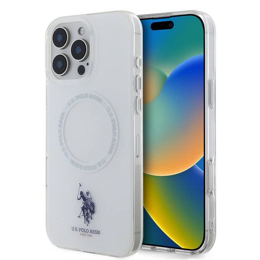 iPhone 16 Pro Kılıf U.S. Polo Assn. Orjinal Lisanslı Magsafe Şarj Özellikli IML Double Horse Logolu Ring Kılıf Beyaz