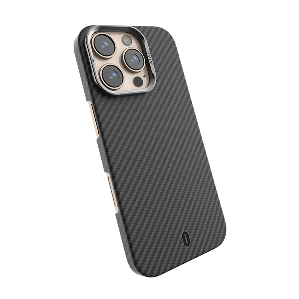 Apple iPhone 16 Pro Kılıf Wiwu DCC-206 M-safe Şarj Özellikli Kamera Standlı Aramid Fiber Tasarım Kevlar Kapak Siyah
