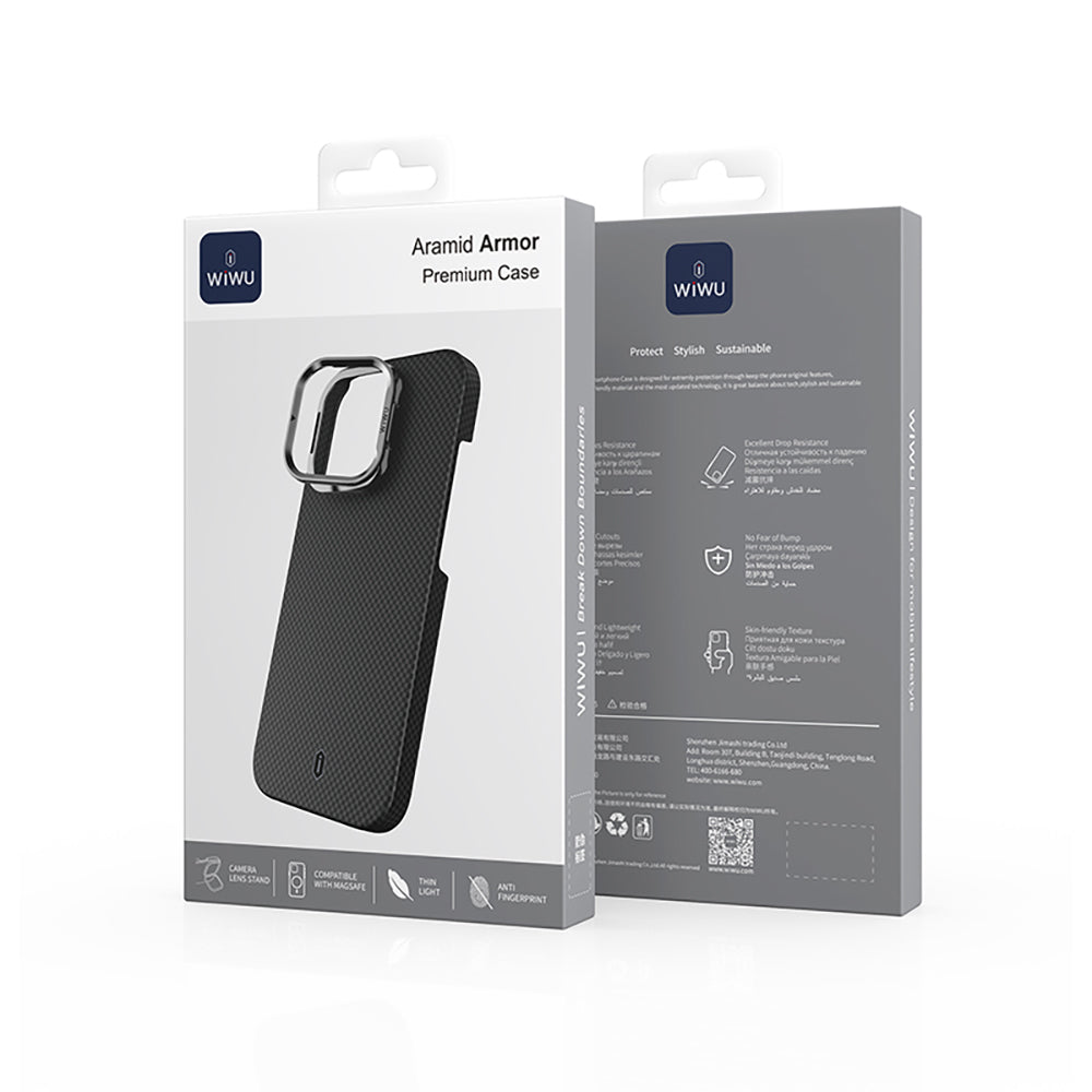 Apple iPhone 16 Pro Kılıf Wiwu DCC-208 M-safe Şarj Özellikli Kamera Standlı Aramid Fiber Tasarım Kevlar Kapak Kırmızı