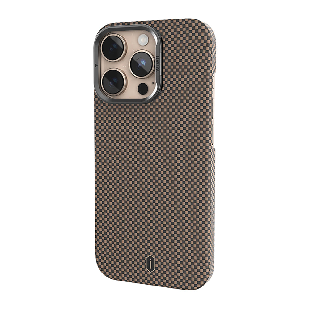 Apple iPhone 16 Pro Kılıf Wiwu DCC-208 M-safe Şarj Özellikli Kamera Standlı Aramid Fiber Tasarım Kevlar Kapak Kırmızı