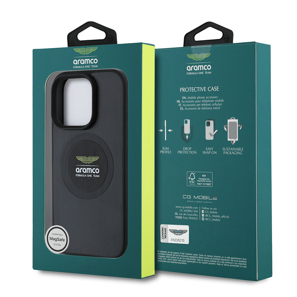 Apple iPhone 16 Pro Max Kılıf Aston Martin Orjinal Lisanslı M-safe Şarj Özellikli Aluminyum Arka Yüzeyli Formula One Team Baskılı Kapak Siyah