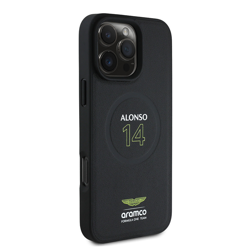 Apple iPhone 16 Pro Max Kılıf Aston Martin Orjinal Lisanslı M-safe Şarj Özellikli PU Deri Alonso 14 Baskılı Kapak Siyah